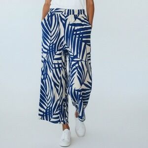 Gemma + Jane Pants Women M Blue Palm Leaf Linen Blend Wide Leg Resort Cruise